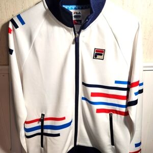 Fila Womens Zip-Up Jacket in White with Red and Blue Stripes